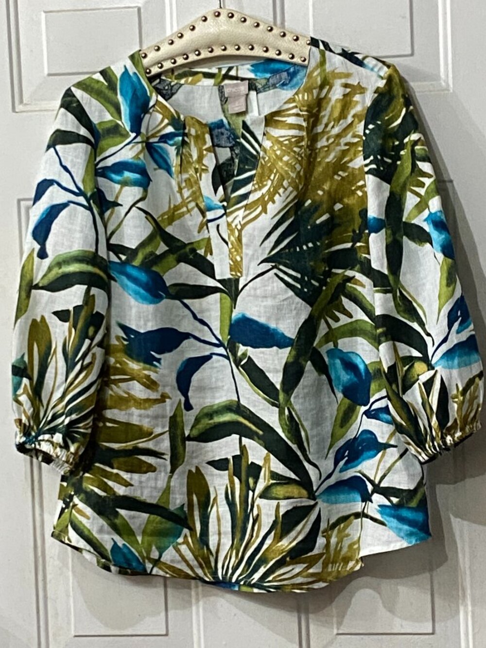 Chico's Linen Women's Sz 2 (L)  Blouse Popover Tunic 3/4 Sleeve Multi Tropical